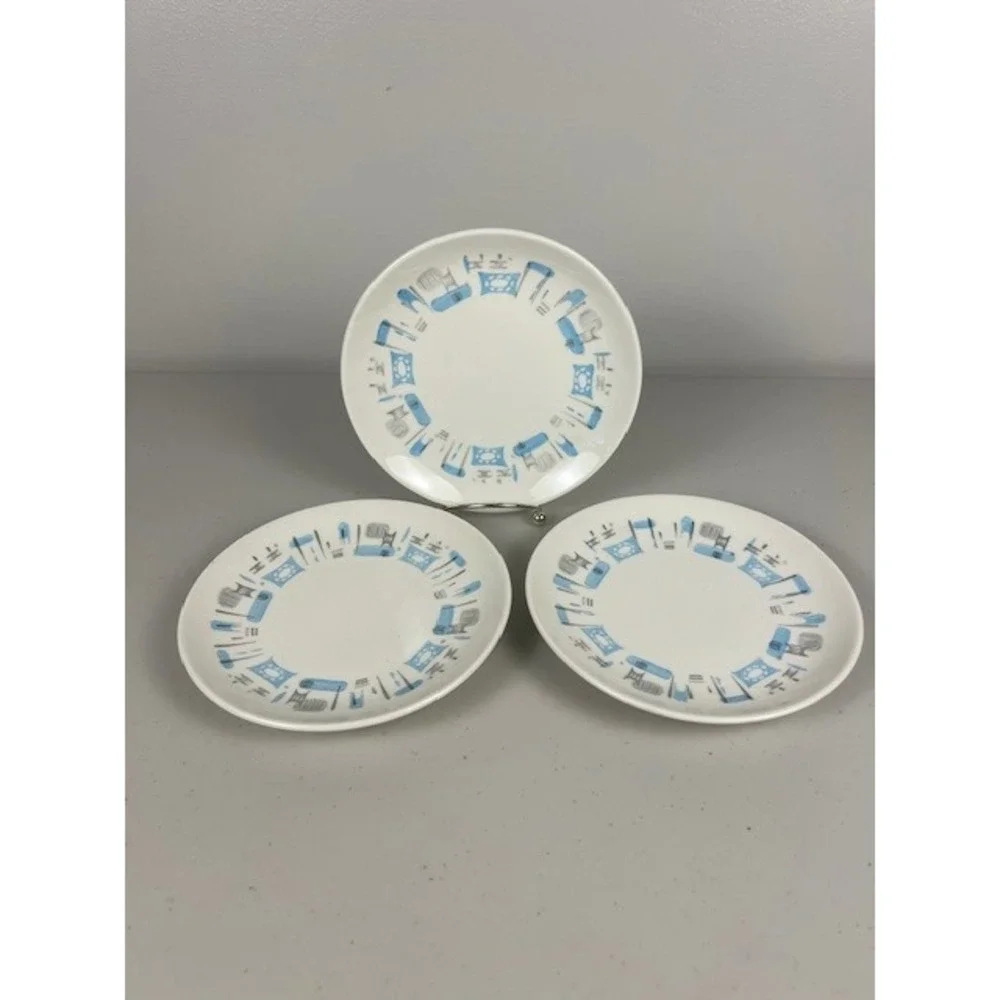 Vintage Mid-Century Modern Atomic Bread Butter Salad Plates Blue Gray Set 3